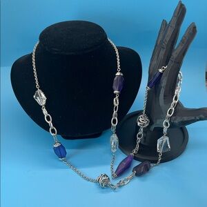 Long Silver Chain Necklace with Purple Faceted Beads
